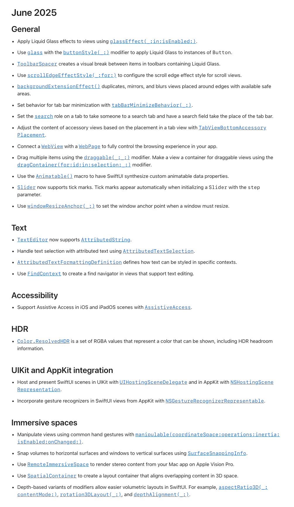 A screenshot from the Apple Developer SwiftUI Updates page. There are 6 sections, from General to Immersive Spaces. There are only a few bullet points beneath each section, far less than fans of SwiftUI would expect.
