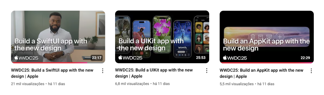 Screenshot of YouTube showing 3 videos side by side. The first is "Build a SwiftUI app with the new design" and the other 2 repeat this title but with UIKit and AppKit in place of SwiftUI.
