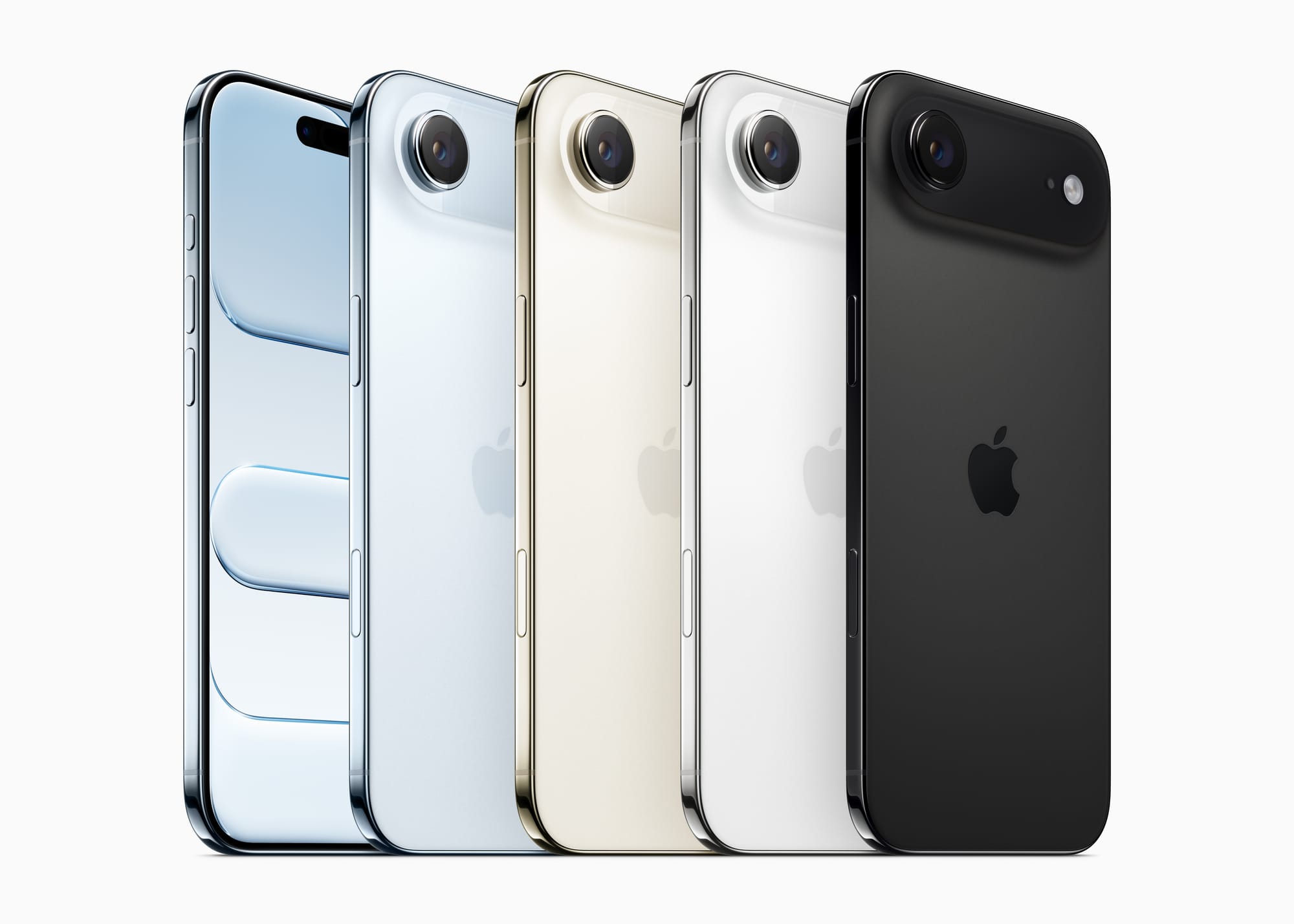 5 iPhone Airs stand upright side by side against a white background. 4 of them are on their backs, showing the 4 available colors, and one has it's screen facing the camera.